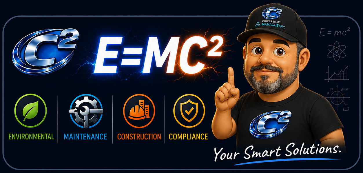 C2 Petro Solutions E equals MC squared graphic with the TJ mascot and the four service areas: Environmental, Maintenance, Construction and Compliance — Your Smart Solutions